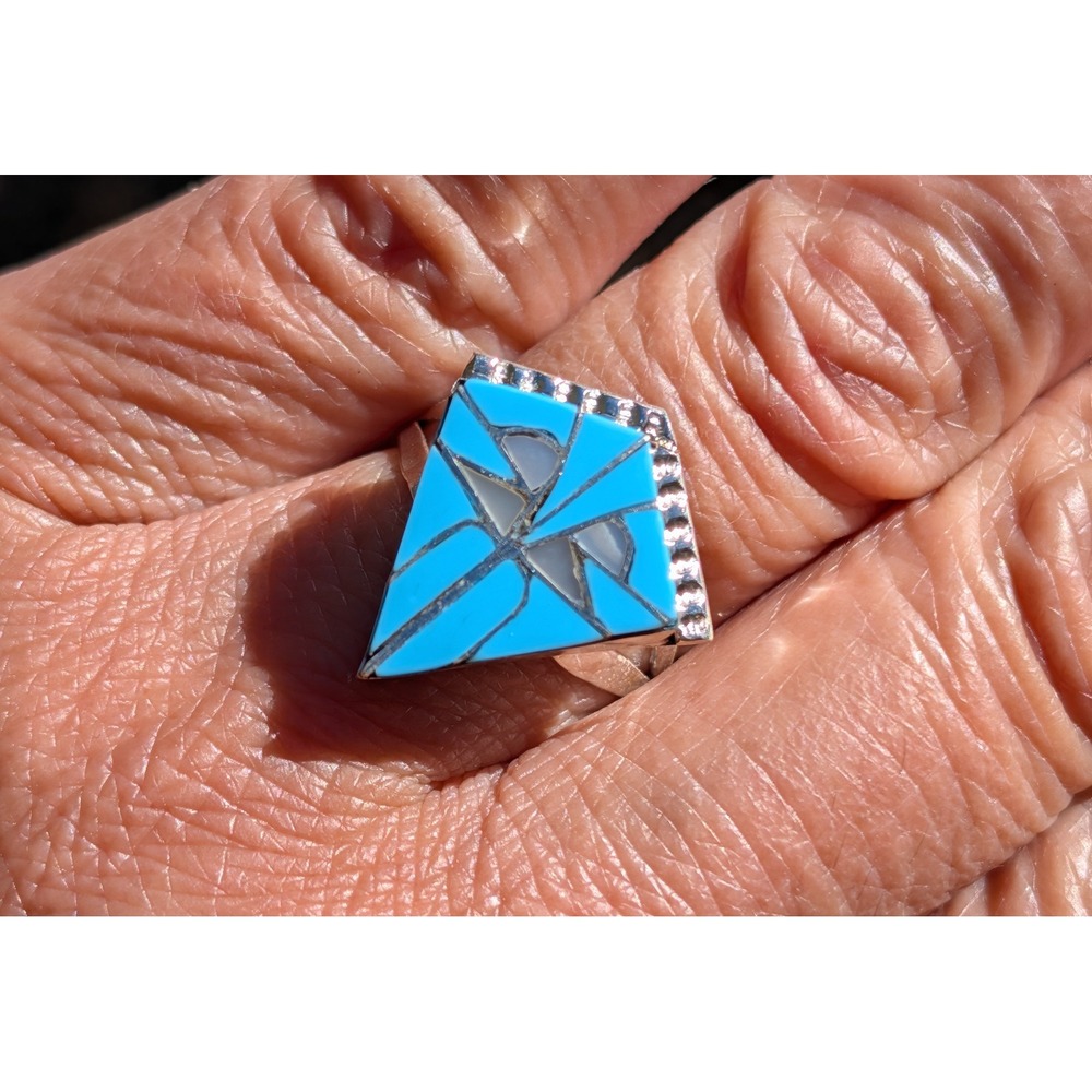 Handmade Zuni Inlay Ring D. Quam Sterling Silver Native American Jewelry sz 8 **